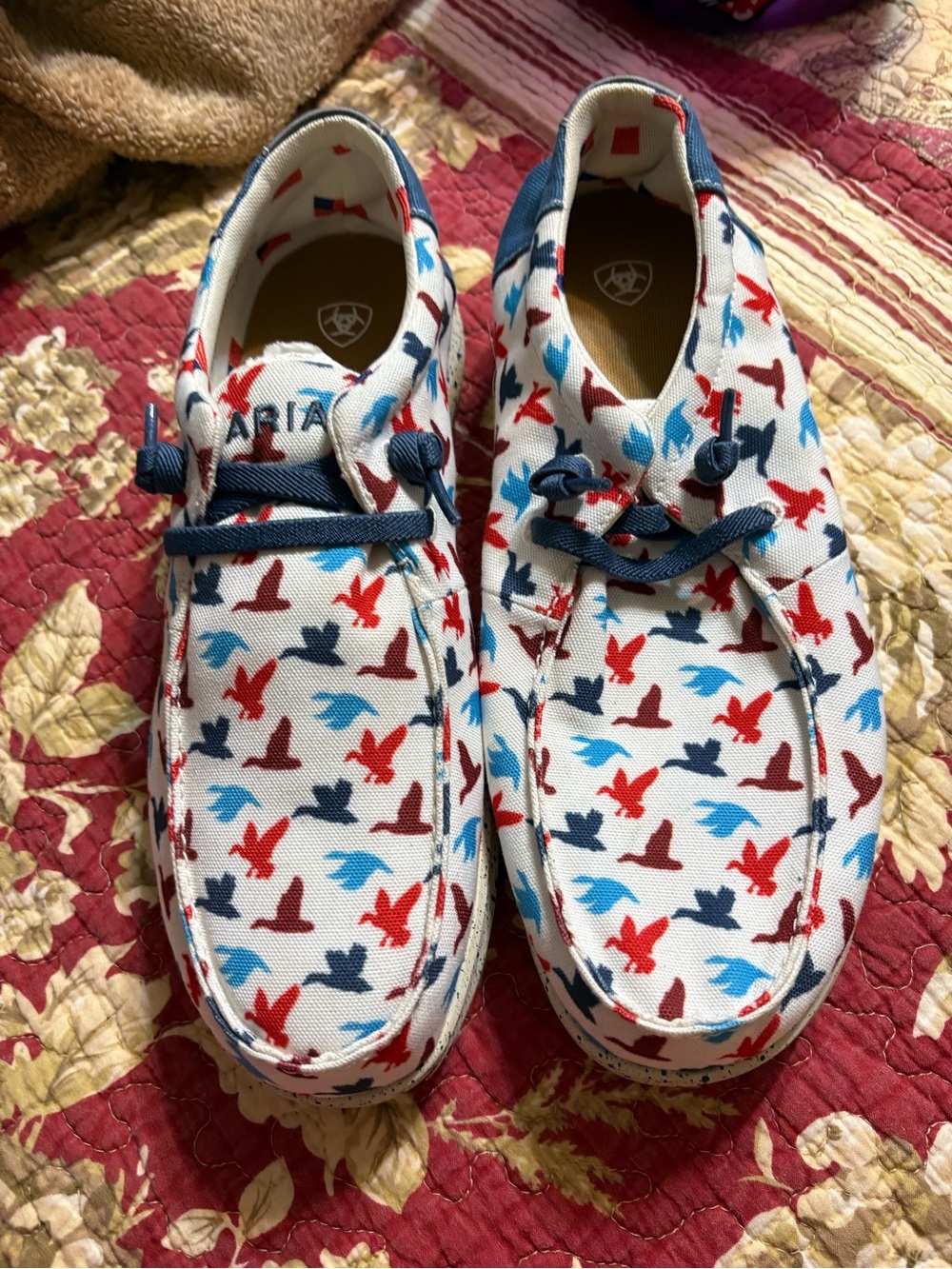Ariat White Canvas Boat Shoes with Red & Blue Bird Print